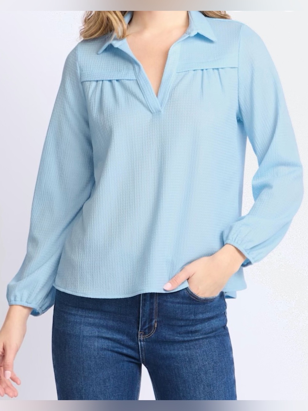 Beacon Light Blue Textured V-Neck Top